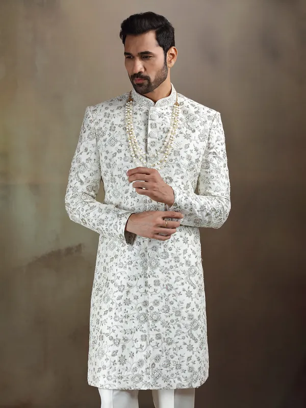 Cream tava silk wedding sherwani for mens