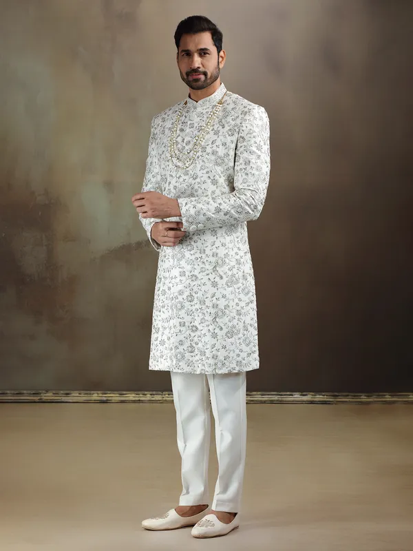 Cream tava silk wedding sherwani for mens