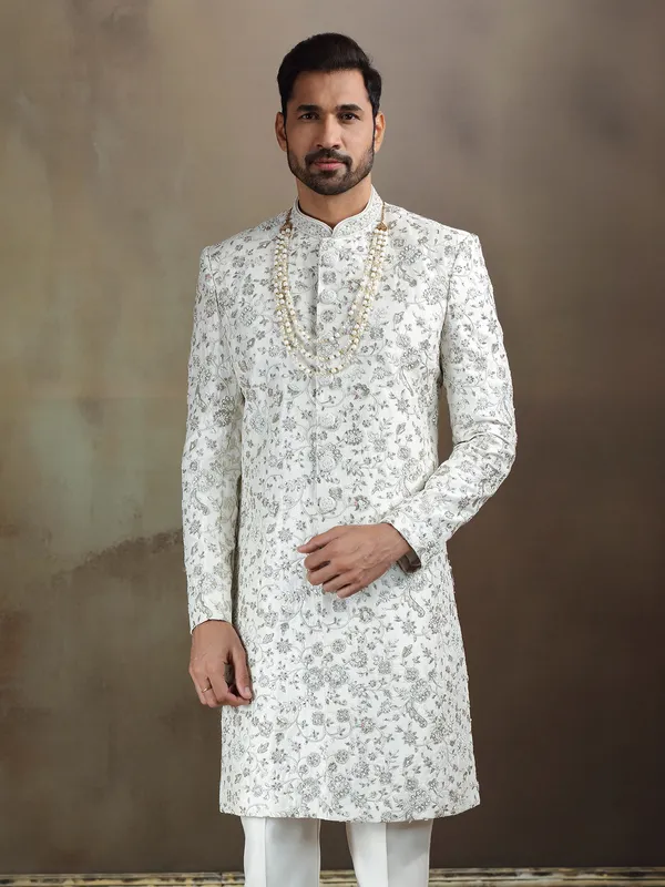 Cream tava silk wedding sherwani for mens
