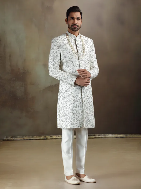 Cream tava silk wedding sherwani for mens