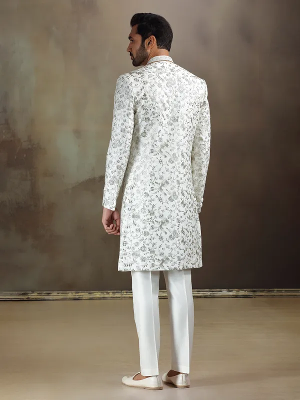 Cream tava silk wedding sherwani for mens