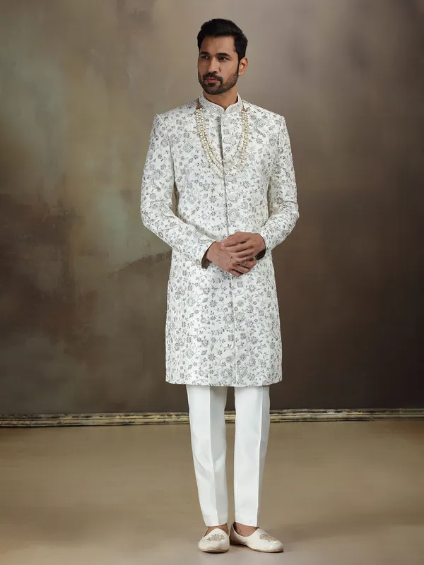 Cream tava silk wedding sherwani for mens