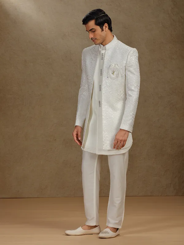 Cream terry rayon indo western for mens wedding wear