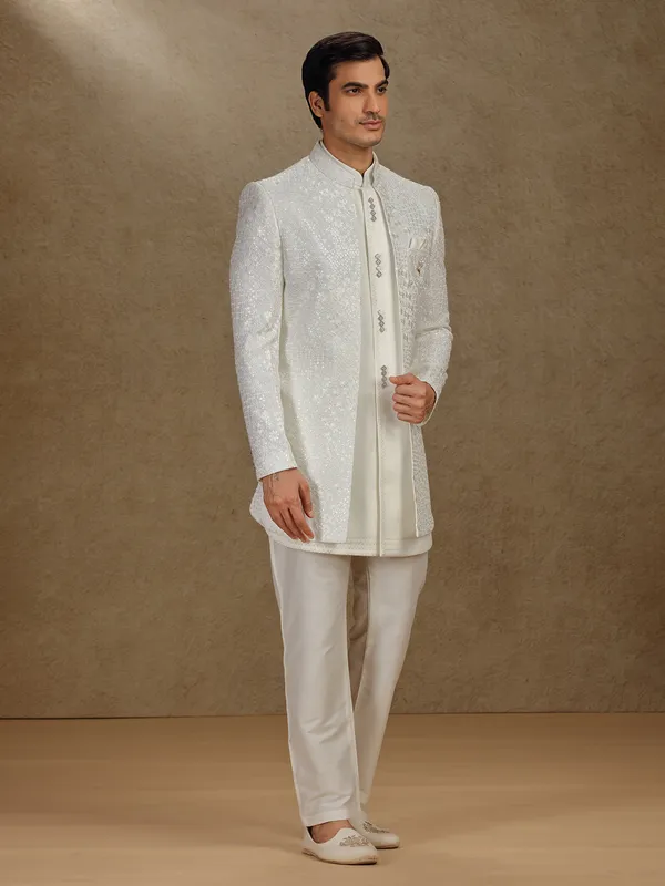 Cream terry rayon indo western for mens wedding wear