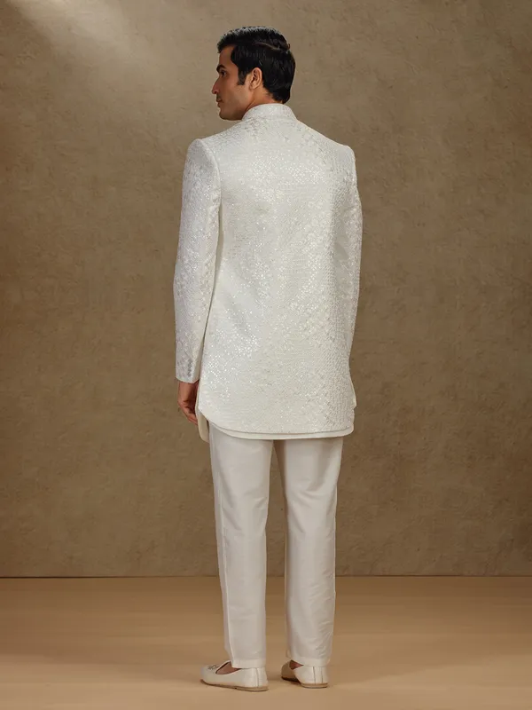 Cream terry rayon indo western for mens wedding wear