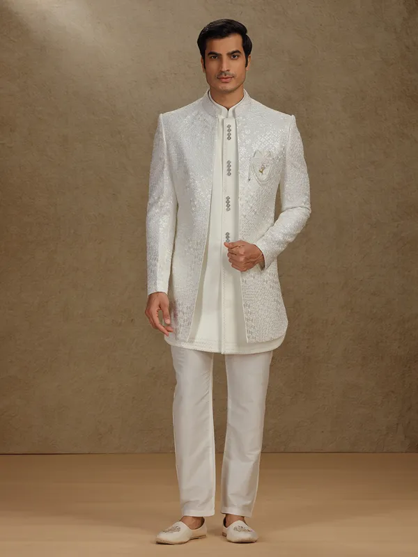 Cream terry rayon indo western for mens wedding wear