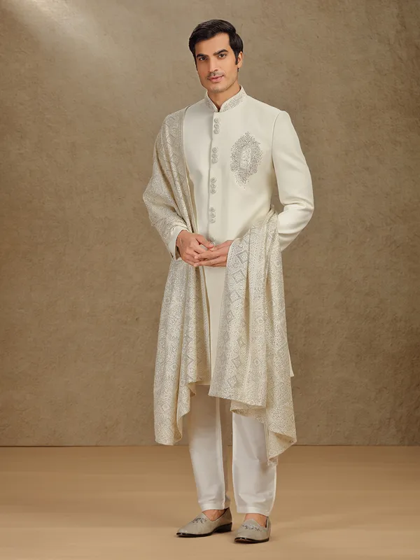 Cream terry rayon indo western with embroidery dupatta
