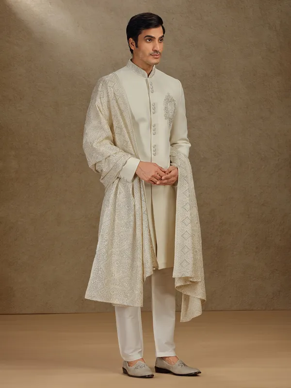 Cream terry rayon indo western with embroidery dupatta