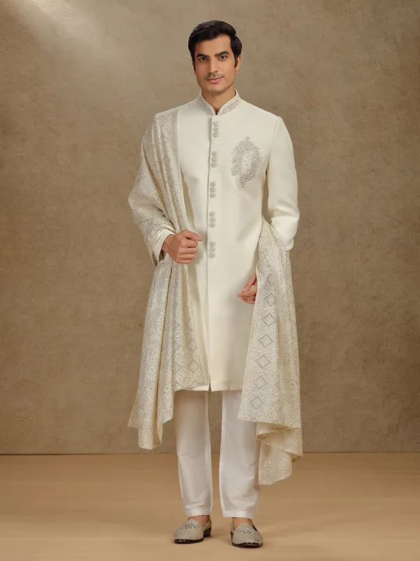 Cream terry rayon indo western with embroidery dupatta