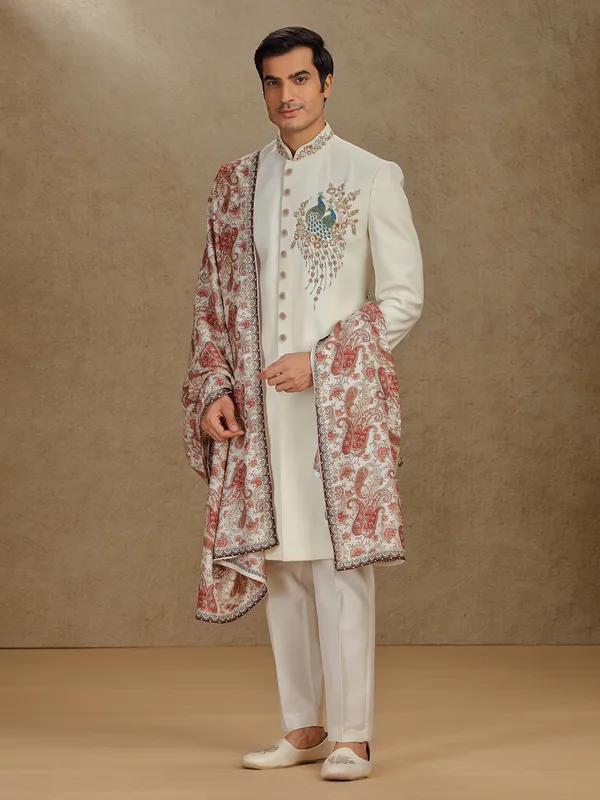 Cream terry rayon indo western with printed dupatta