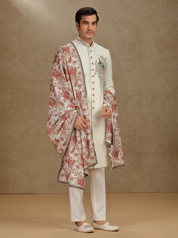Cream terry rayon indo western with printed dupatta