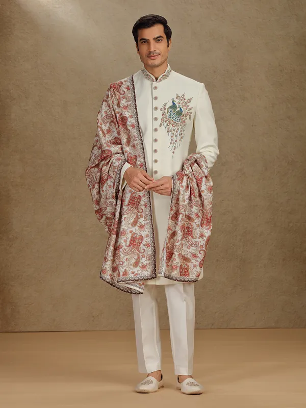 Cream terry rayon indo western with printed dupatta