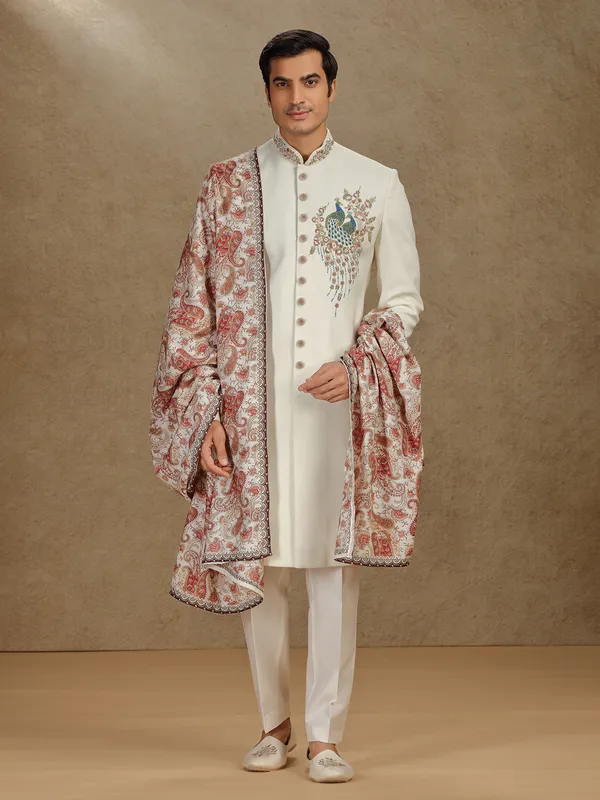 Cream terry rayon indo western with printed dupatta