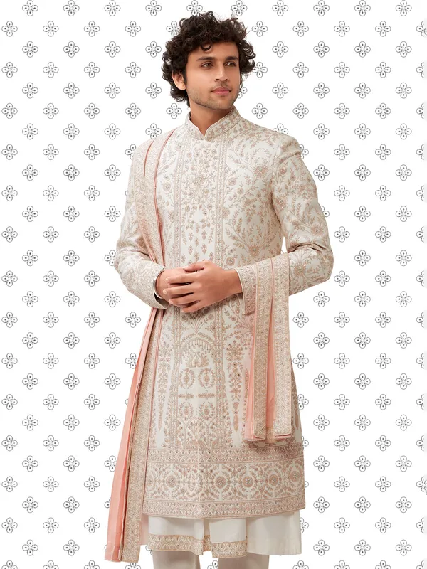 Cream terry rayon peshwai sherwani form men