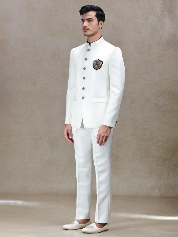 Cream textured bandh gala jodhpuri suit for men
