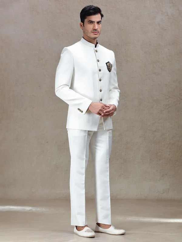Cream textured bandh gala jodhpuri suit for men