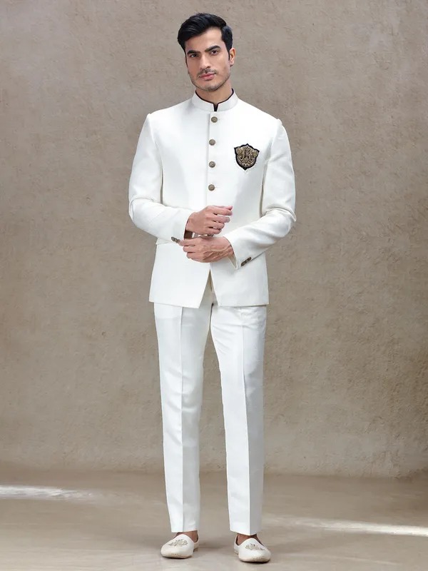 Cream textured bandh gala jodhpuri suit for men