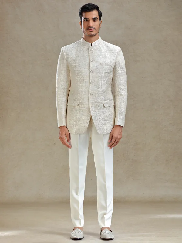 Cream textured jodhpuri set in jute fabric