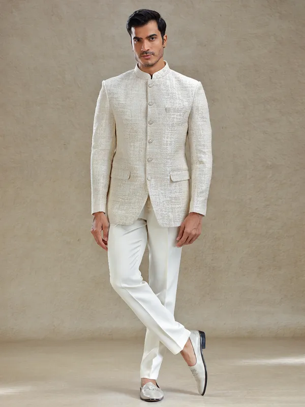 Cream textured jodhpuri set in jute fabric