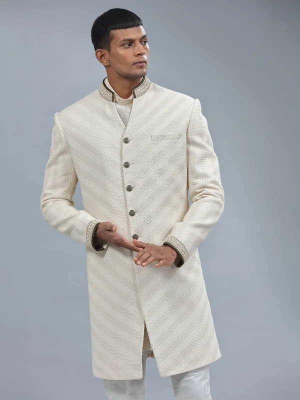 Cream textured terry rayon indowestern