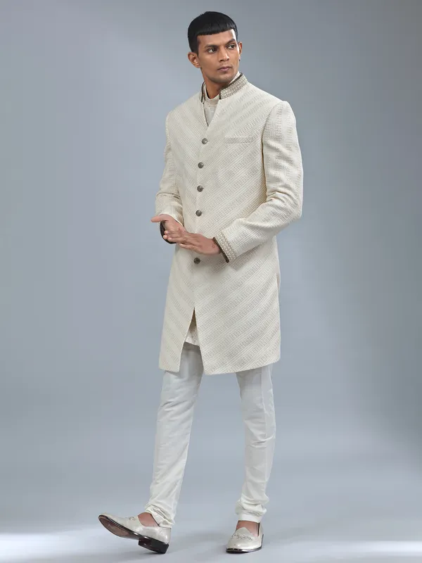 Cream textured terry rayon indowestern