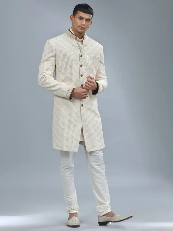 Cream textured terry rayon indowestern