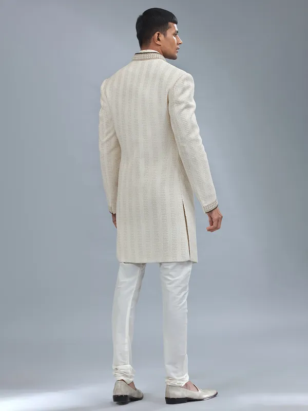 Cream textured terry rayon indowestern