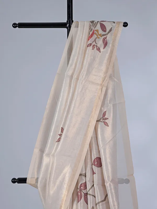 Cream tissue cotton silk saree with sequins and embroidery detailing