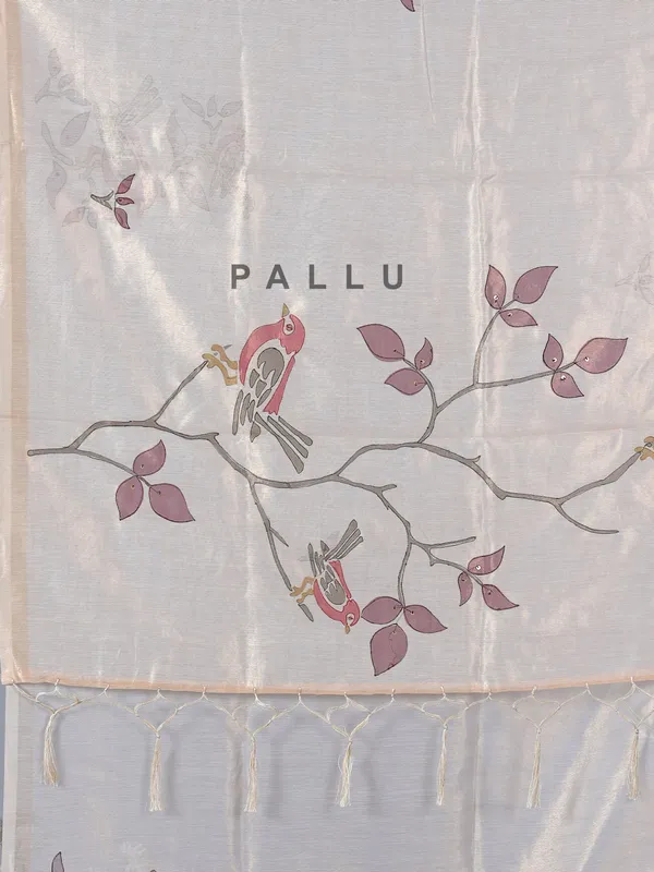 Cream tissue cotton silk saree with sequins and embroidery detailing