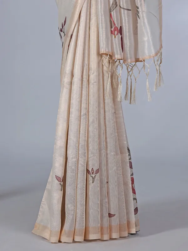 Cream tissue cotton silk saree with sequins and embroidery detailing