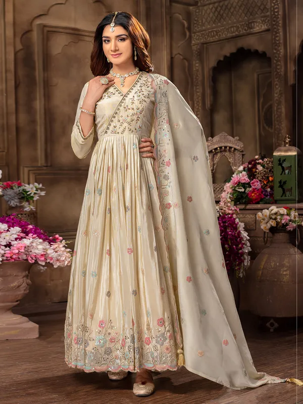 Cream tissue silk anarkali suit for women