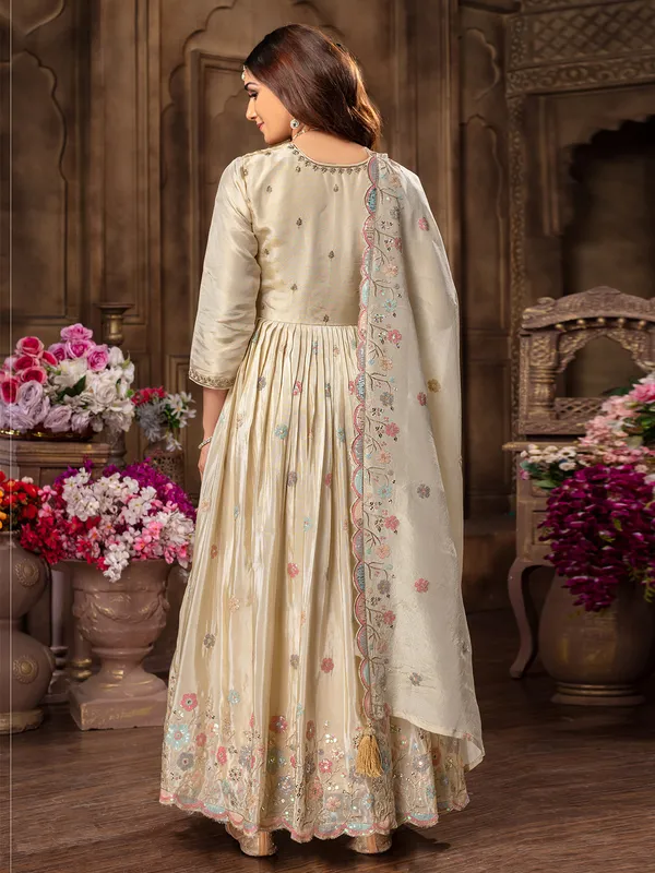 Cream tissue silk anarkali suit for women