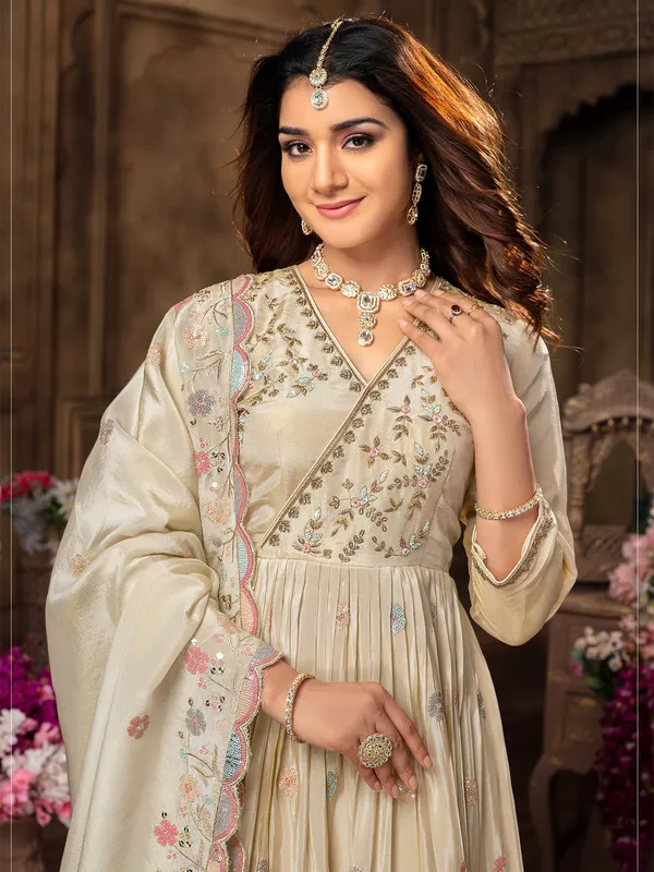 Cream tissue silk anarkali suit for women