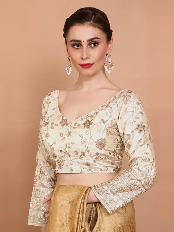 Cream tissue silk embroidered V neck ready made blouse
