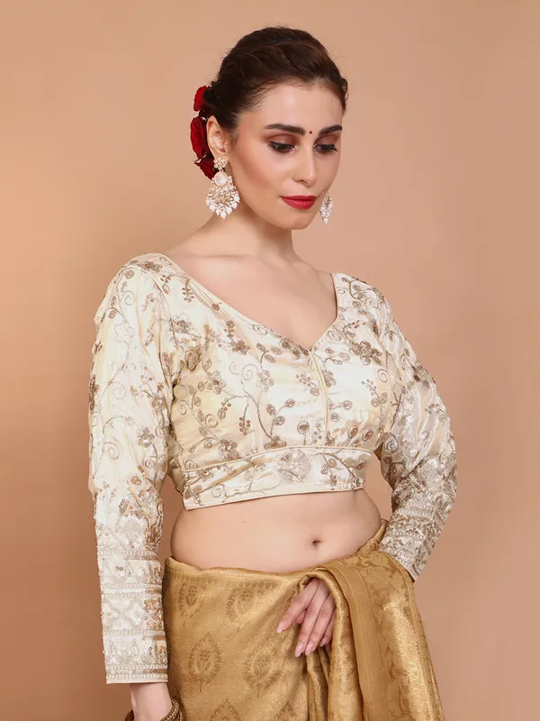 Cream tissue silk embroidered V neck ready made blouse