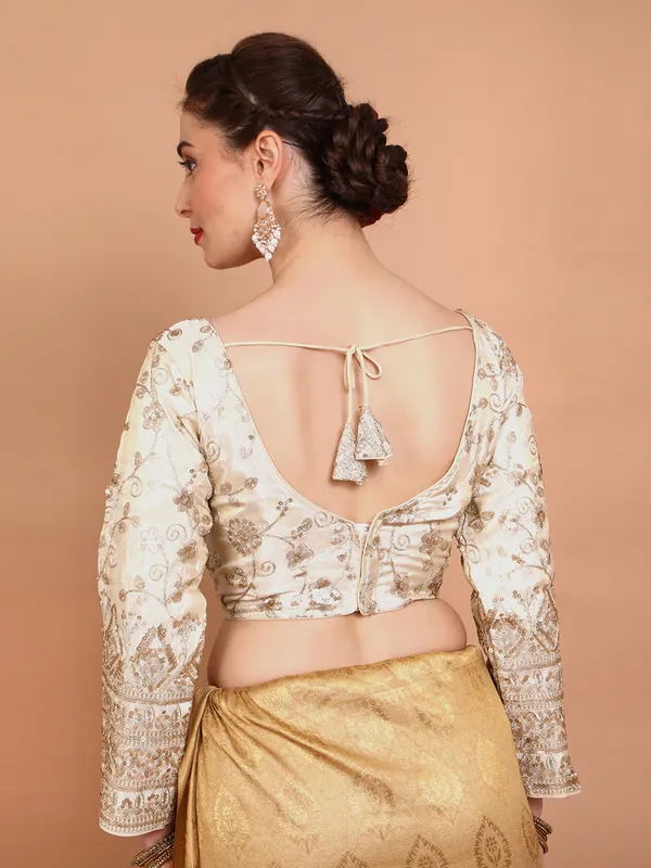 Cream tissue silk embroidered V neck ready made blouse