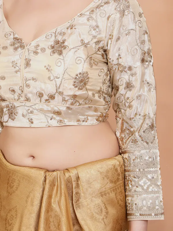 Cream tissue silk embroidered V neck ready made blouse