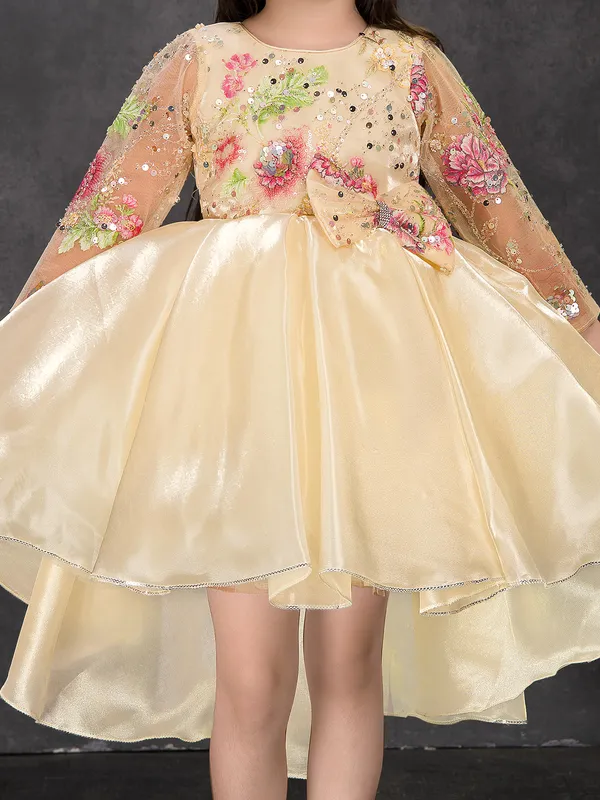 Cream tissue silk frock with embroidery and sequins work