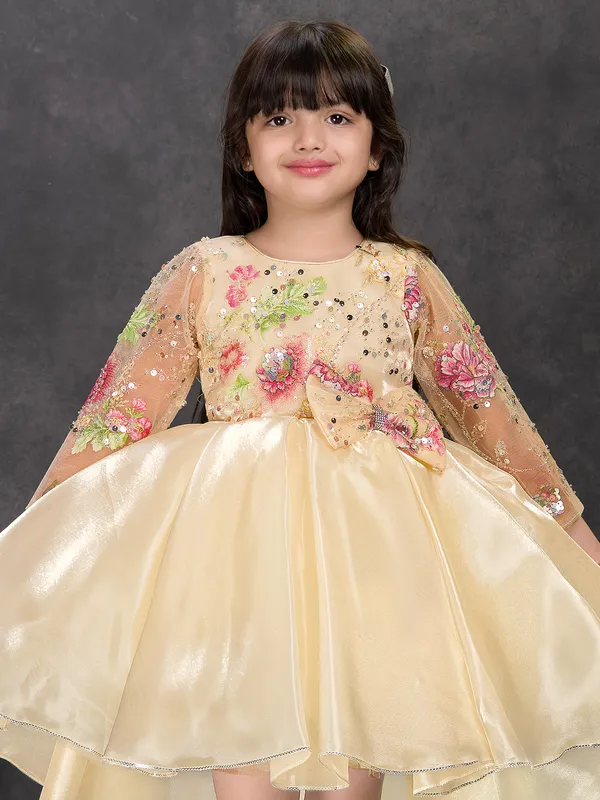 Cream tissue silk frock with embroidery and sequins work