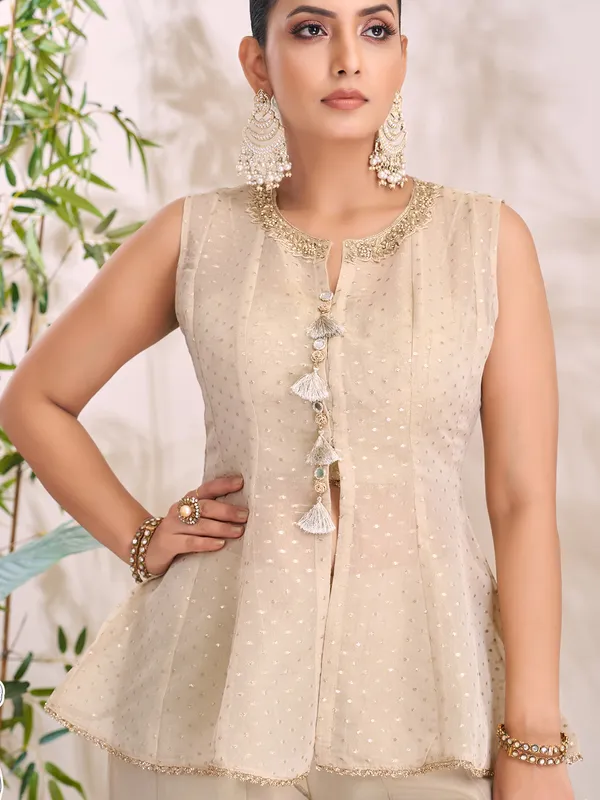 Cream tissue silk sleeveless palazzo suit with sequins detailing