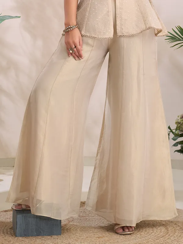Cream tissue silk sleeveless palazzo suit with sequins detailing