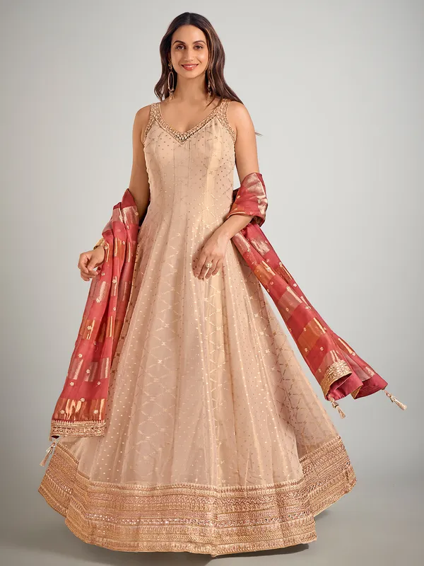 Cream tissue silk wedding anarkali suit