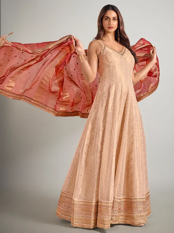Cream tissue silk wedding anarkali suit