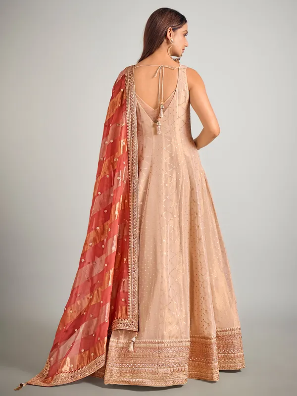 Cream tissue silk wedding anarkali suit