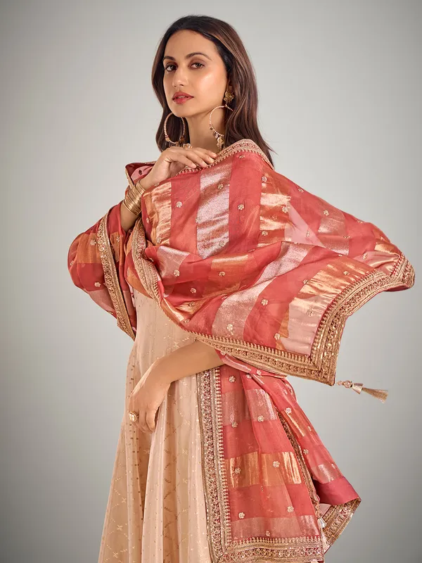 Cream tissue silk wedding anarkali suit