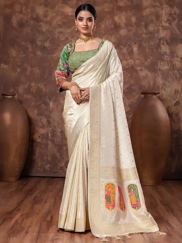Cream tissue silk zari weaving saree