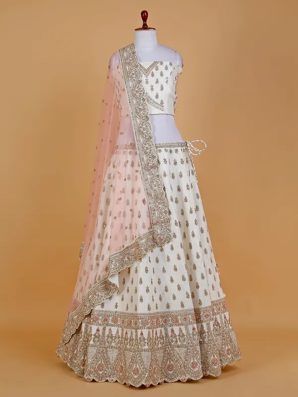 Cream unstitched lehenga choli in raw silk