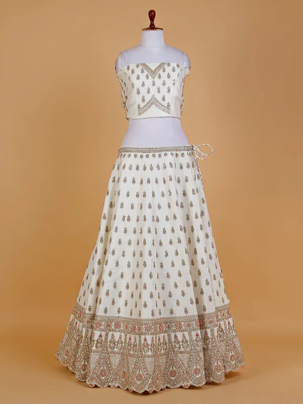 Cream unstitched lehenga choli in raw silk