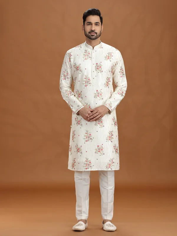 Cream viscose kurta suit with floral design