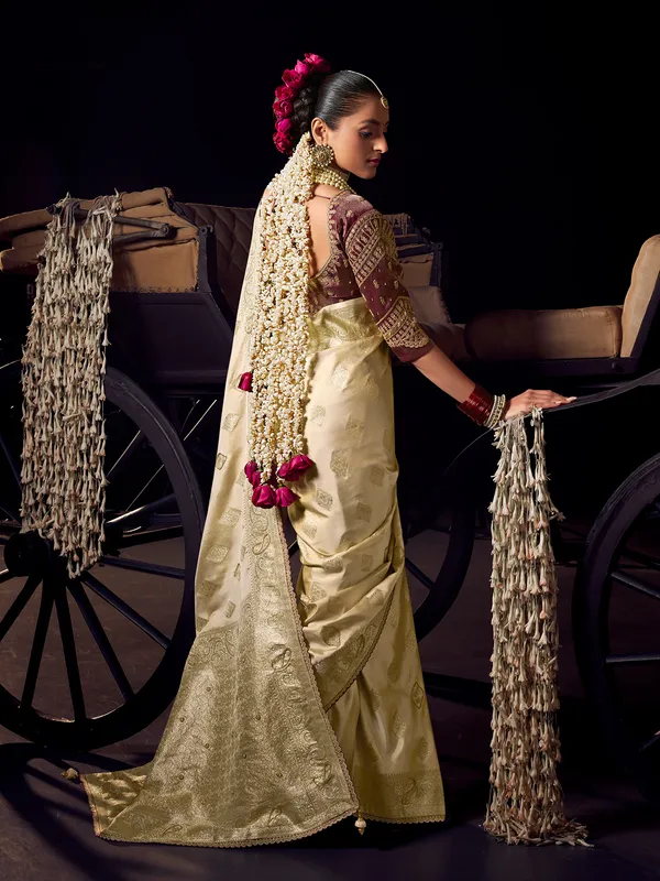 Cream viscose tissue silk saree for elegant wedding ensemble